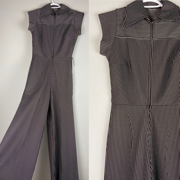 1970s Vintage Brown Cream Stripe Jumpsuit Wide Leg - Picture 2 of 9